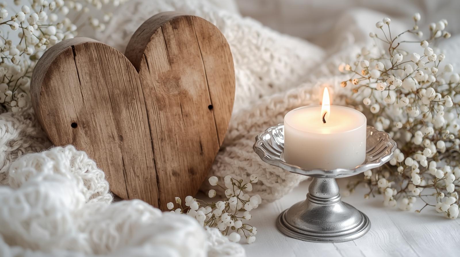 A heart warming image of a candle, a wooden heart and baby's breath